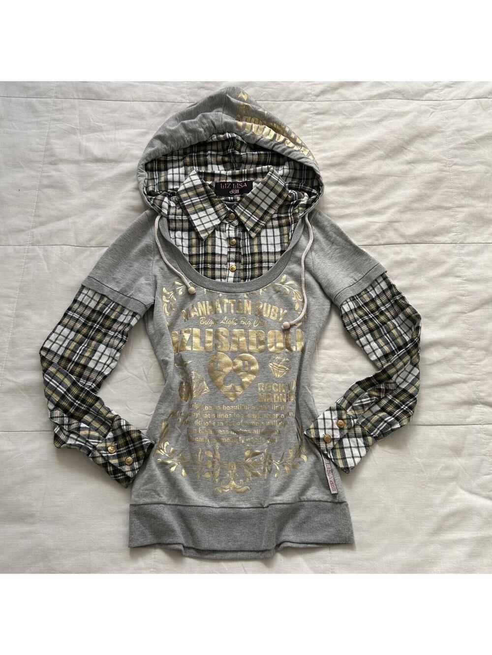 Liz Lisa Doll Gray Layered Plaid Hoodie Graphic Top Japan Size XS